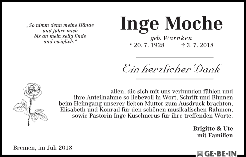 Traueranzeige von Inge Moche von WESER-KURIER