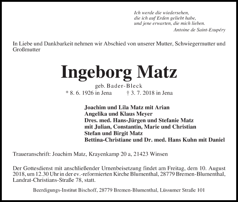Traueranzeige von Ingeborg Matz von Die Norddeutsche