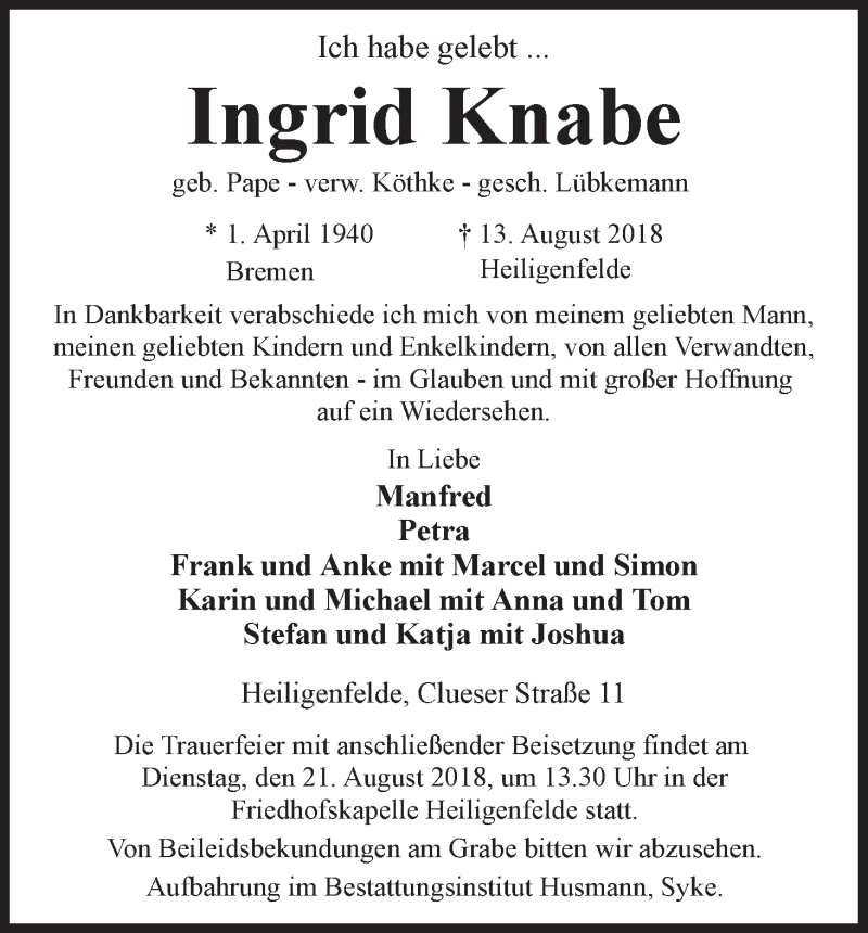Traueranzeige von Ingrid Knabe von WESER-KURIER