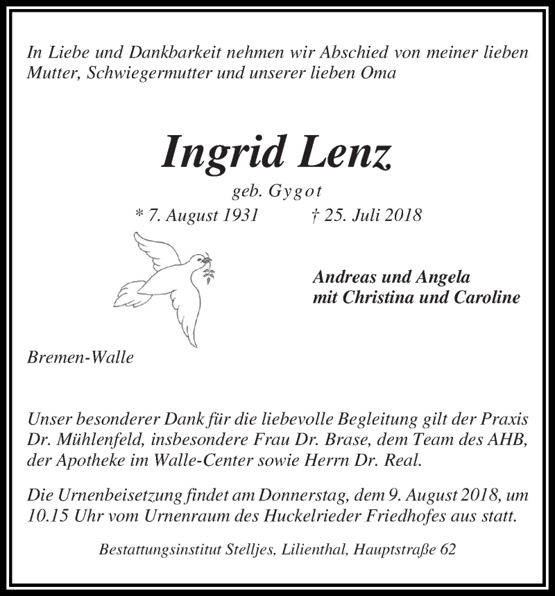 Traueranzeige von Ingrid Lenz von WESER-KURIER