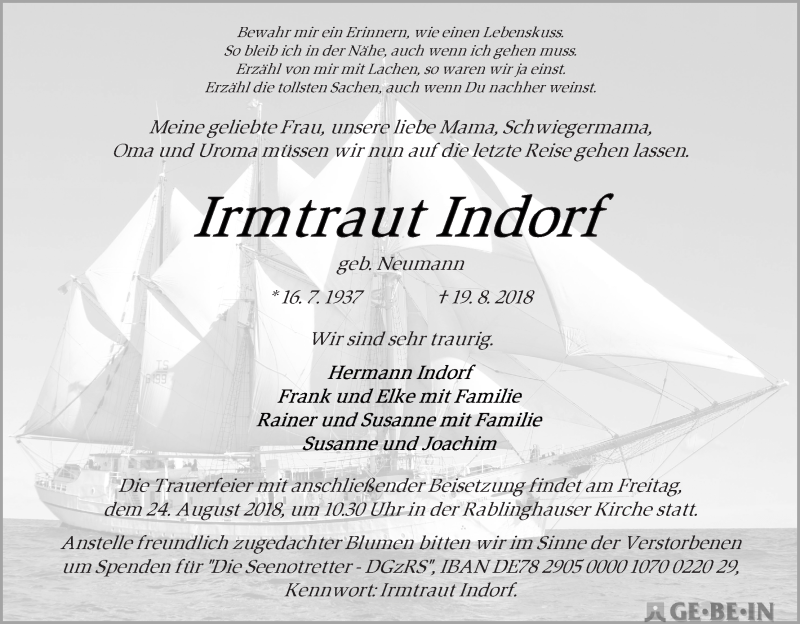 Traueranzeige von Irmtraut Indorf von WESER-KURIER