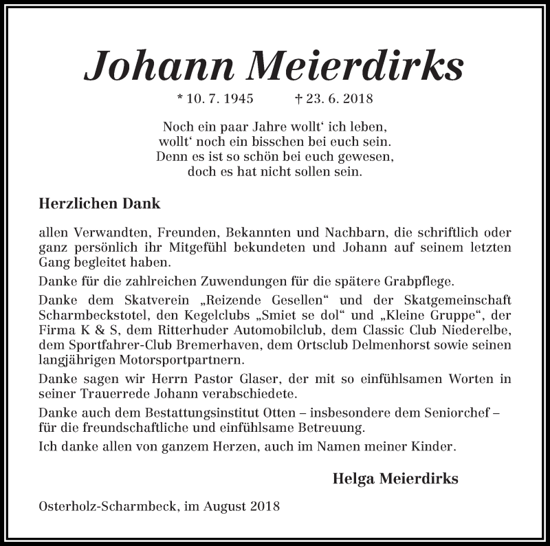 Traueranzeige von Johann Meierdirks von Osterholzer Kreisblatt