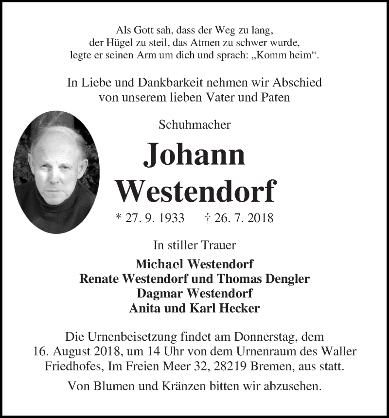 Traueranzeige von Johann Westendorf von WESER-KURIER