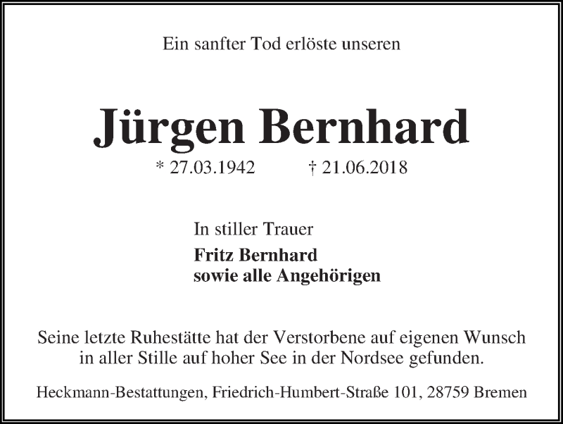 Traueranzeige von Jürgen Bernhard von Die Norddeutsche