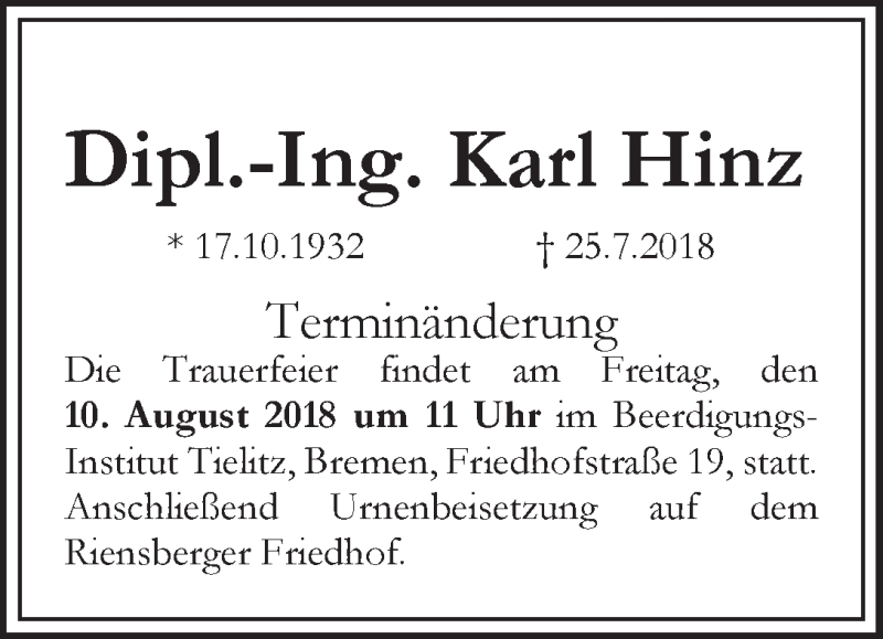 Traueranzeige von Karl Hinz von WESER-KURIER