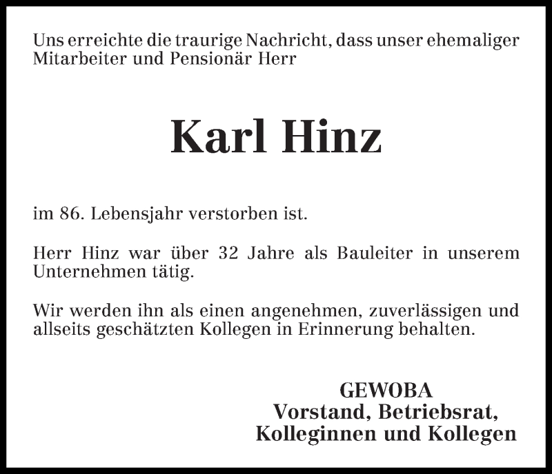 Traueranzeige von Karl Hinz von WESER-KURIER
