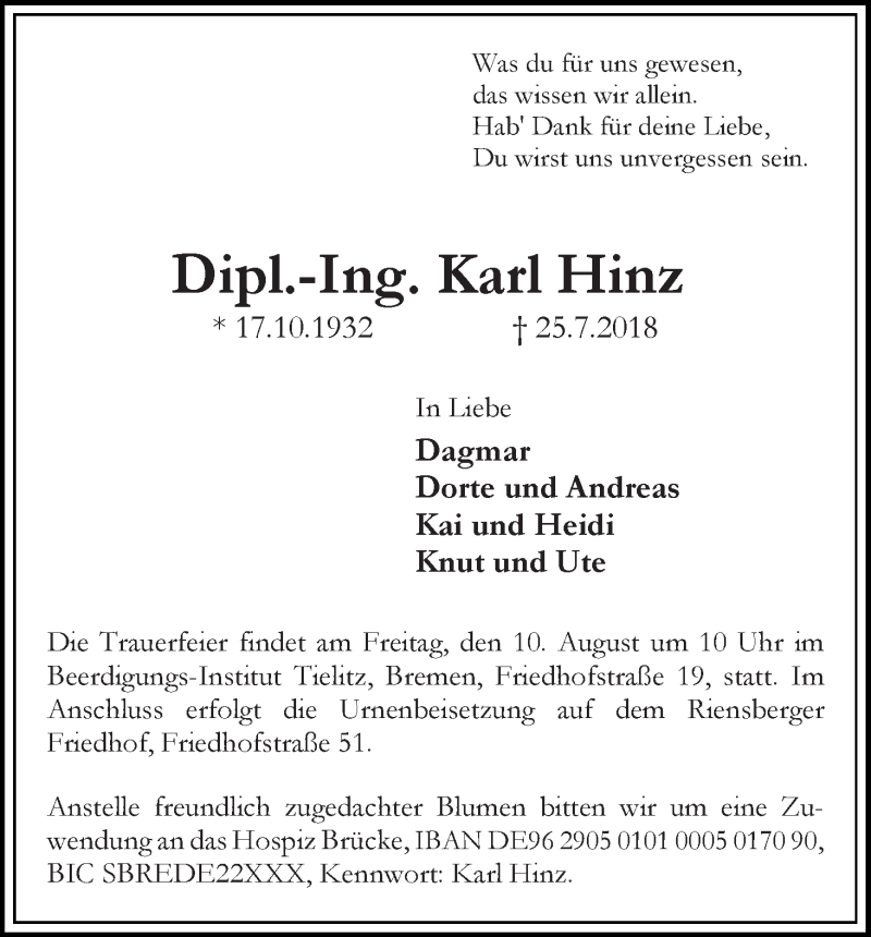 Traueranzeige von Karl Hinz von WESER-KURIER