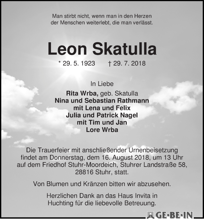 Traueranzeige von Leon Skatulla von WESER-KURIER
