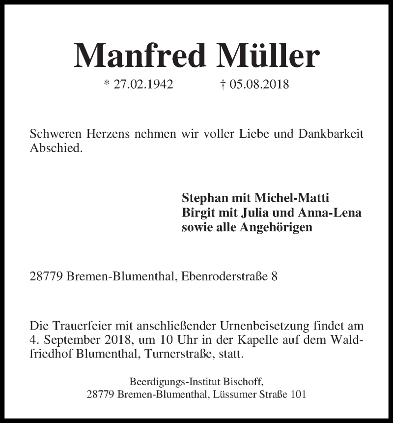 Traueranzeige von Manfred Müller von Die Norddeutsche
