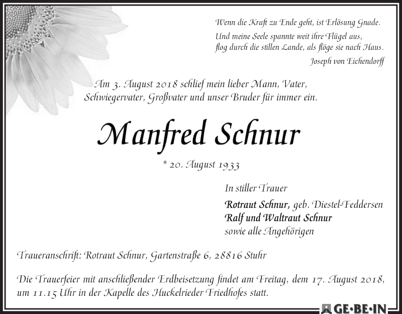 Traueranzeige von Manfred Schnur von WESER-KURIER