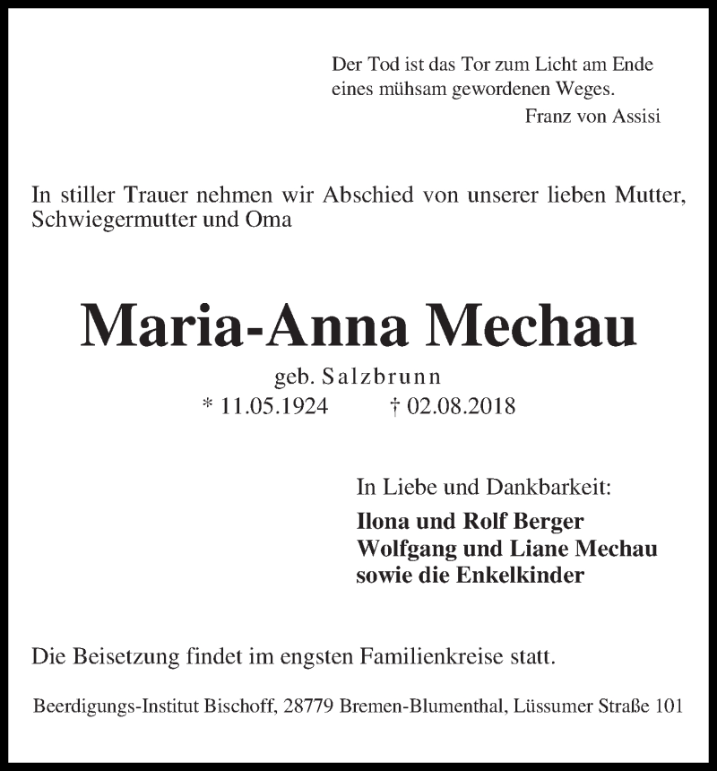 Traueranzeige von Maria-Anna Mechau von Die Norddeutsche