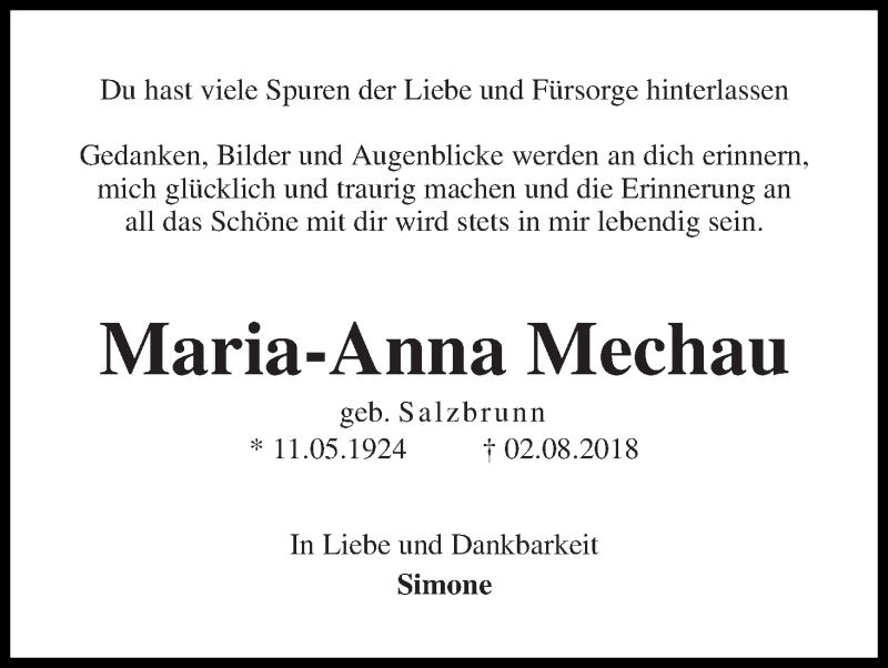 Traueranzeige von Maria-Anna Mechau von Die Norddeutsche