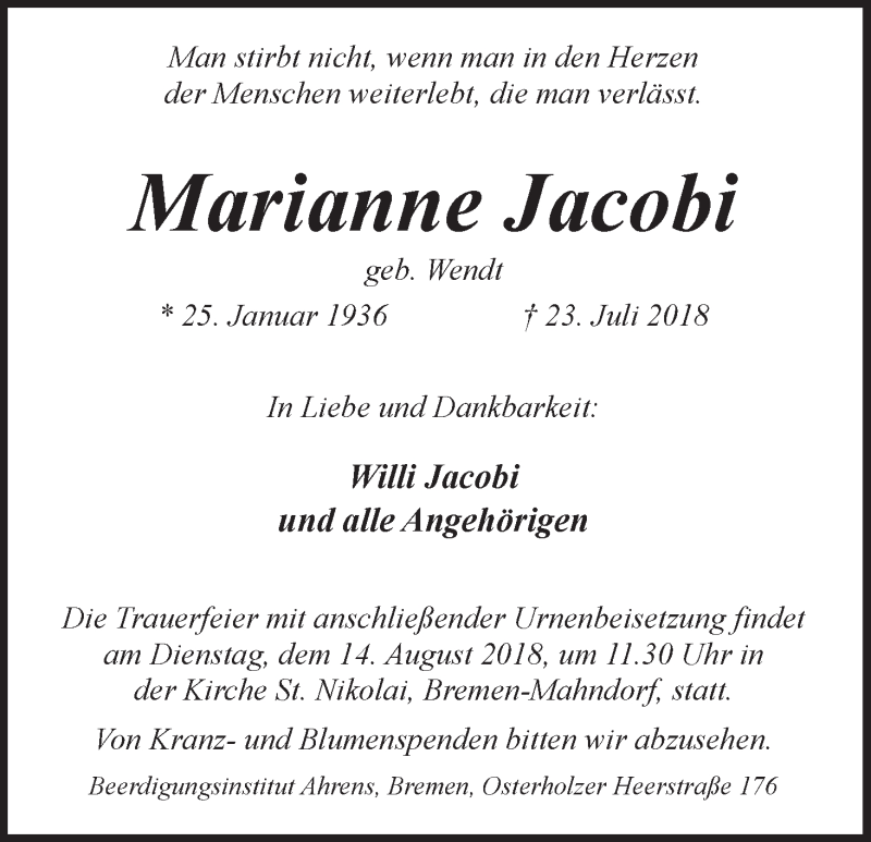 Traueranzeige von Marianne Jacobi von WESER-KURIER