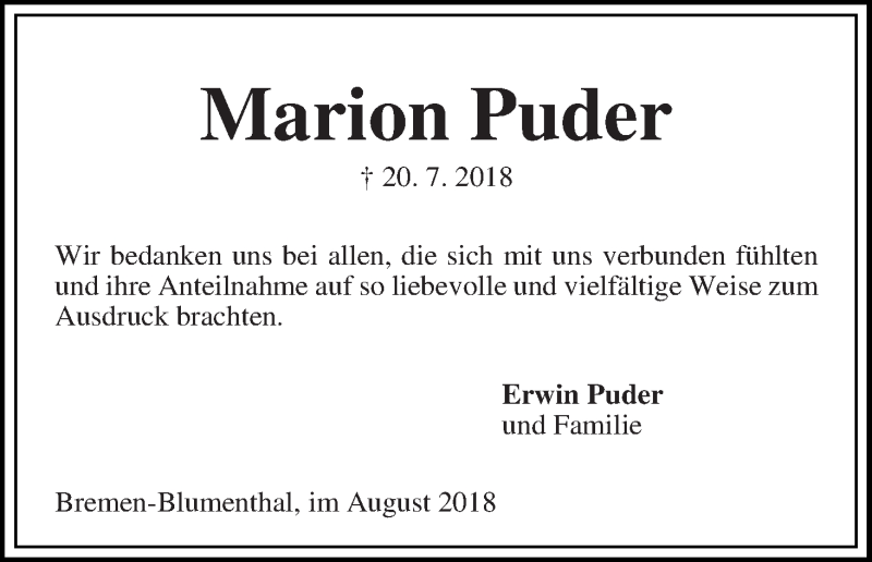 Traueranzeige von Marion Puder von Die Norddeutsche