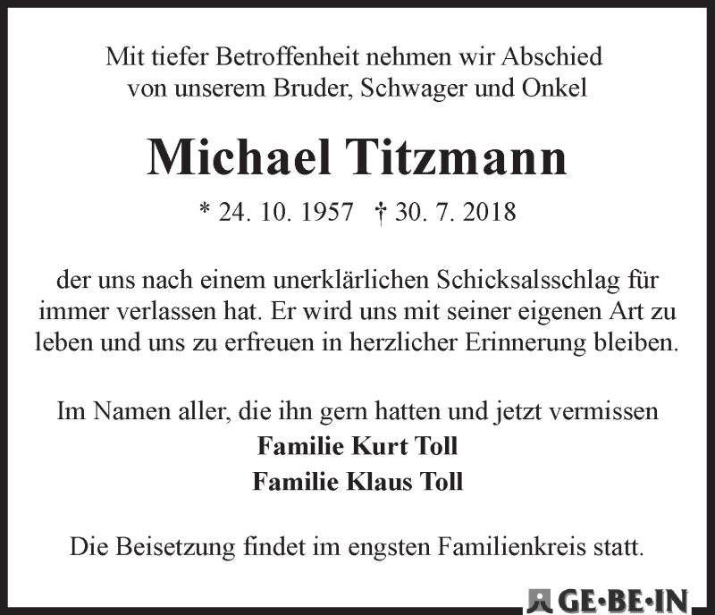 Traueranzeige von Michael Titzmann von WESER-KURIER
