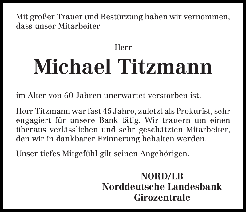 Traueranzeige von Michael Titzmann von WESER-KURIER
