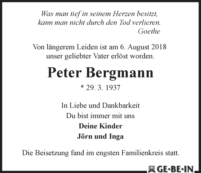 Traueranzeige von Peter Bergmann von WESER-KURIER