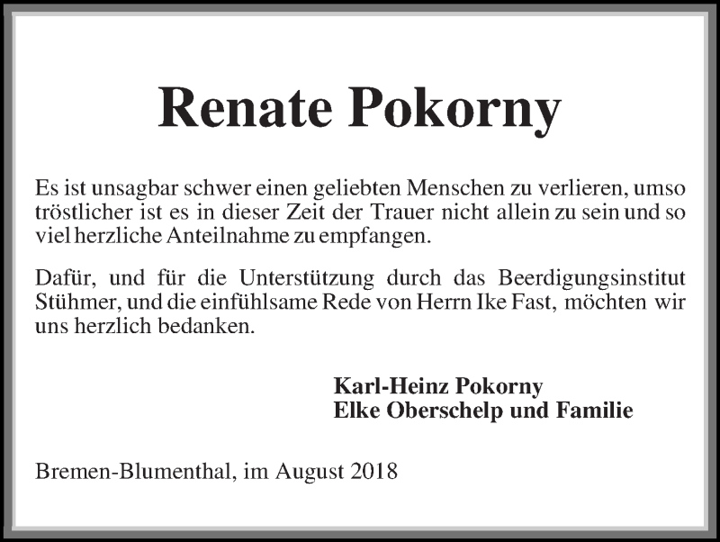Traueranzeige von Renate Pokorny von Die Norddeutsche
