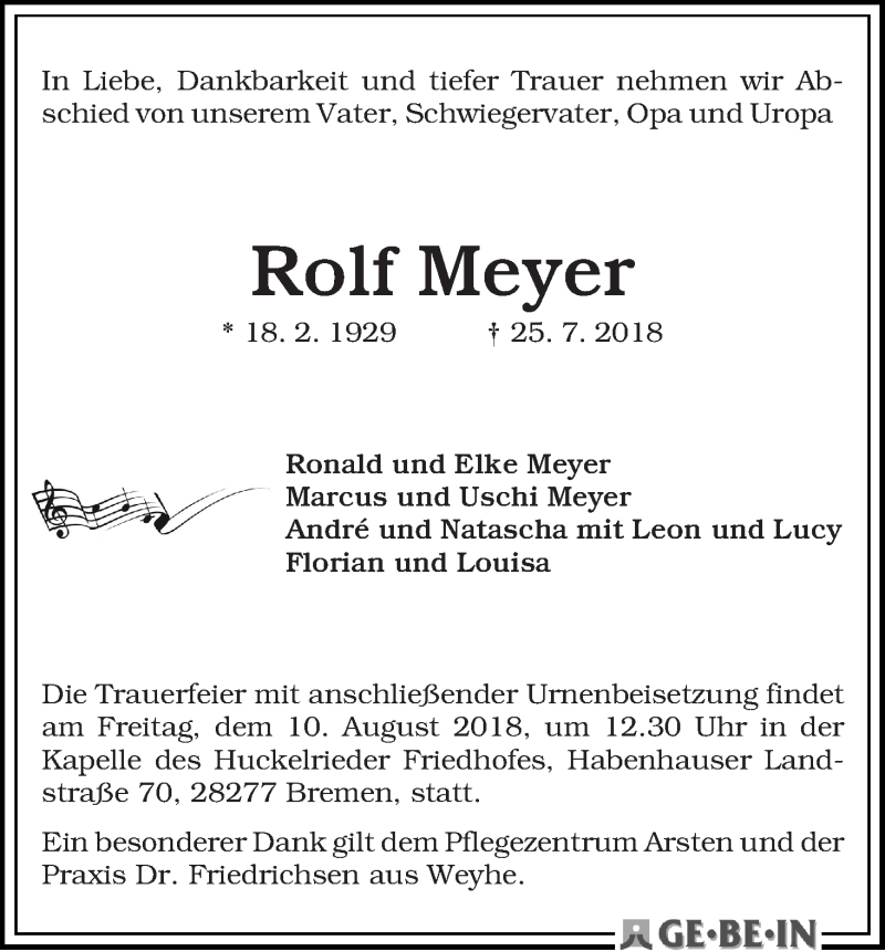 Traueranzeige von Rolf Meyer von WESER-KURIER
