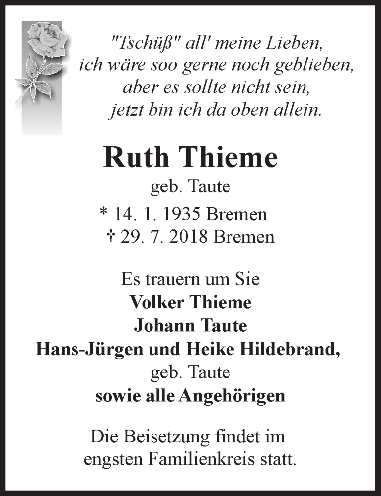 Traueranzeige von Ruth Thieme von WESER-KURIER