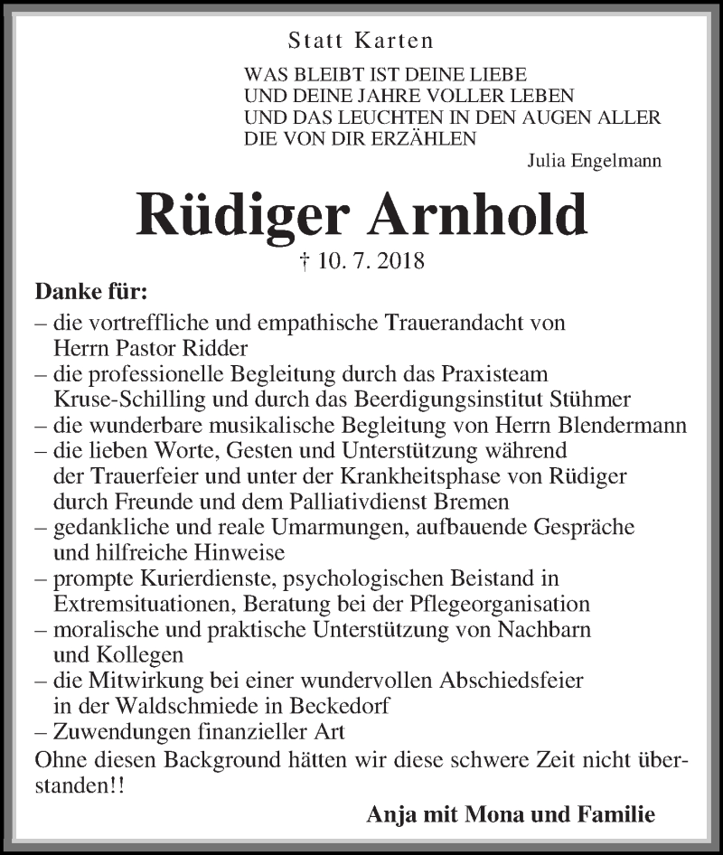 Traueranzeige von Rüdiger Arnhold von Die Norddeutsche