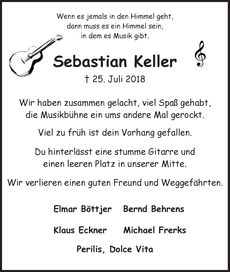 Traueranzeige von Sebastian Keller von Wuemme Zeitung