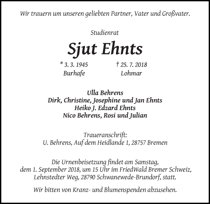 Traueranzeige von Sjut Ehnts von WESER-KURIER