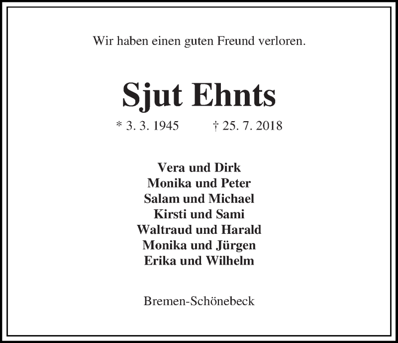Traueranzeige von Sjut Ehnts von Die Norddeutsche