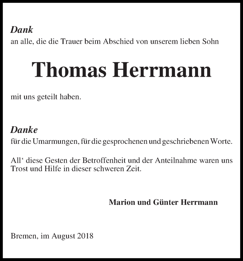 Traueranzeige von Thomas Herrmann von Die Norddeutsche