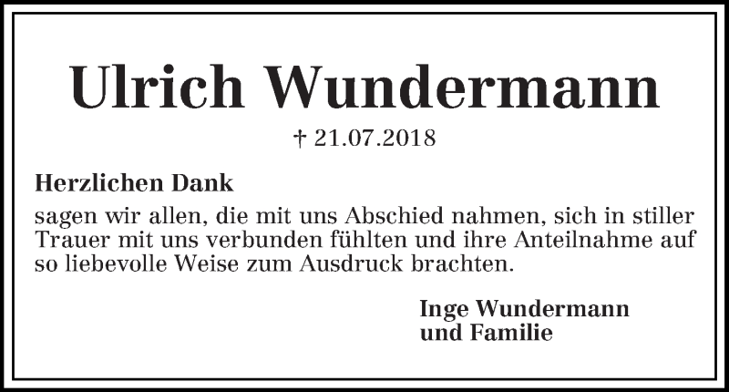 Traueranzeige von Ulrich Wundermann von Die Norddeutsche