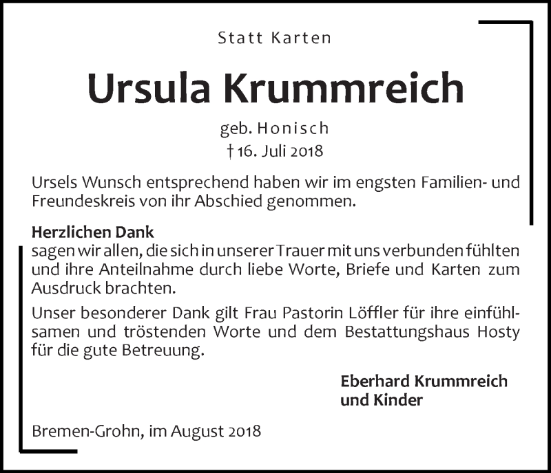 Traueranzeige von Ursula Krummreich von Die Norddeutsche