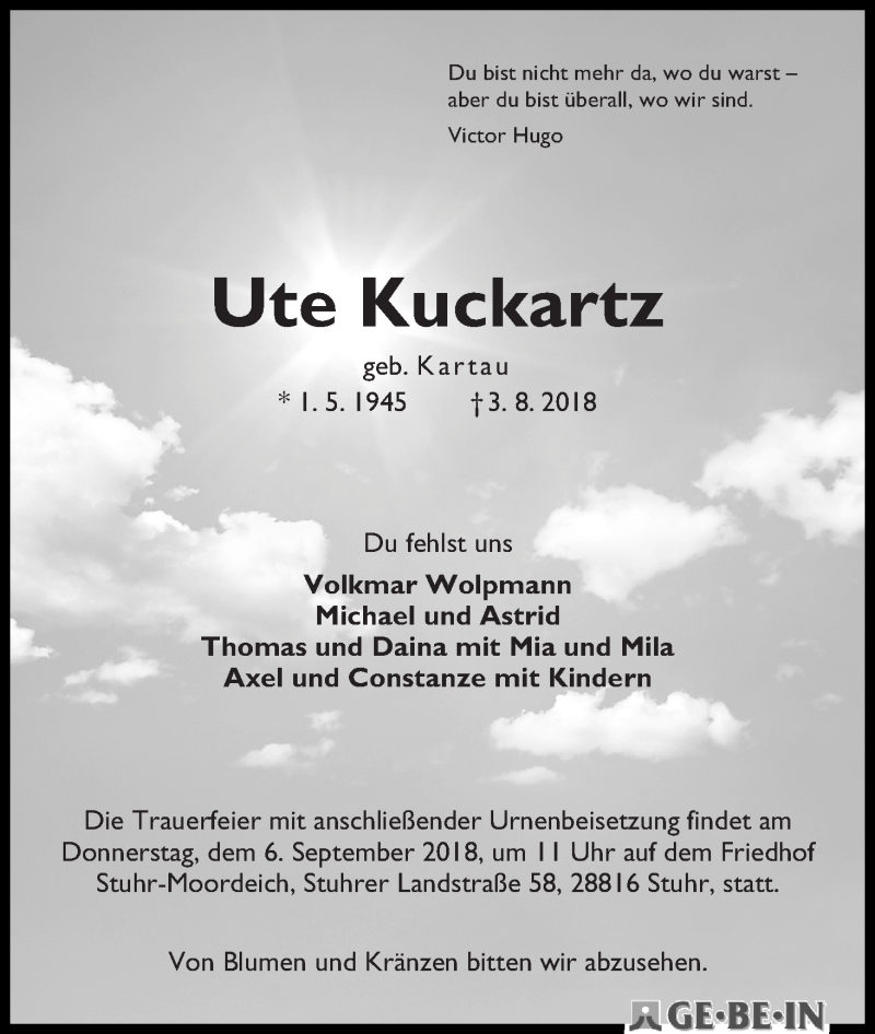 Traueranzeige von Ute Kuckartz von WESER-KURIER