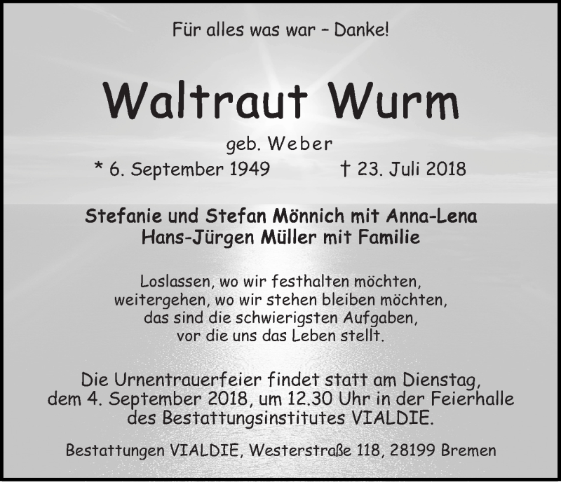 Traueranzeige von Waltraut Wurm von WESER-KURIER