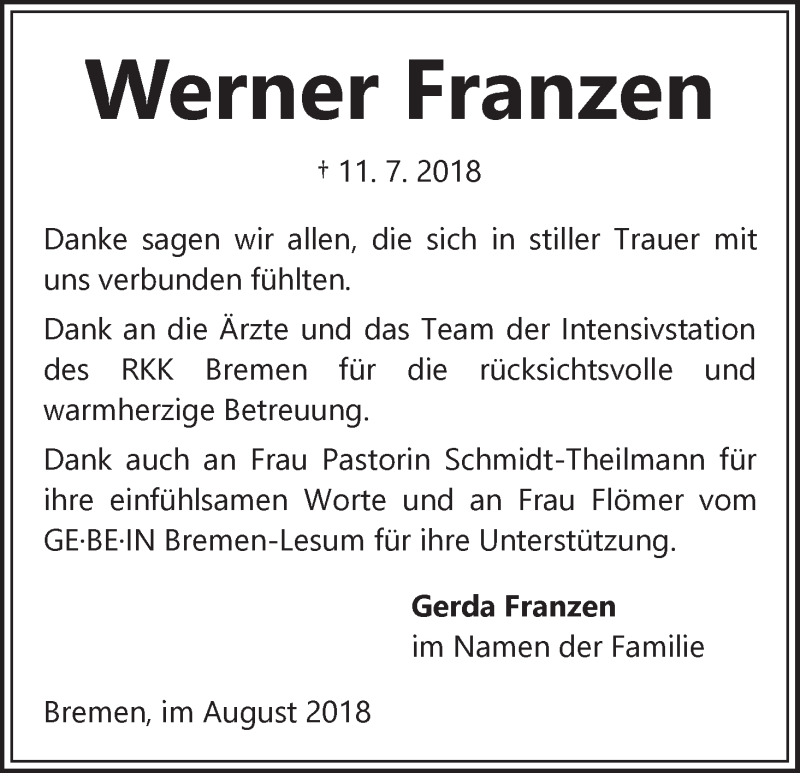 Traueranzeige von Werner Franzen von Die Norddeutsche