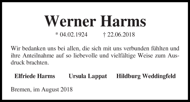 Traueranzeige von Werner Harms von WESER-KURIER