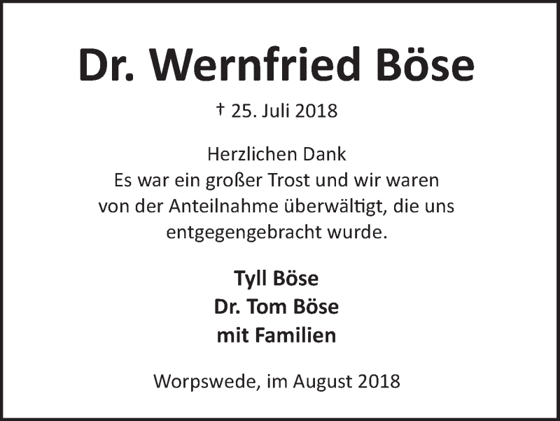 Traueranzeige von Wernfried Böse von Wuemme Zeitung