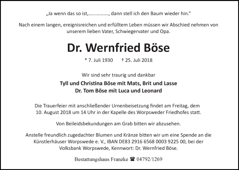 Traueranzeige von Wernfried Böse von Wuemme Zeitung