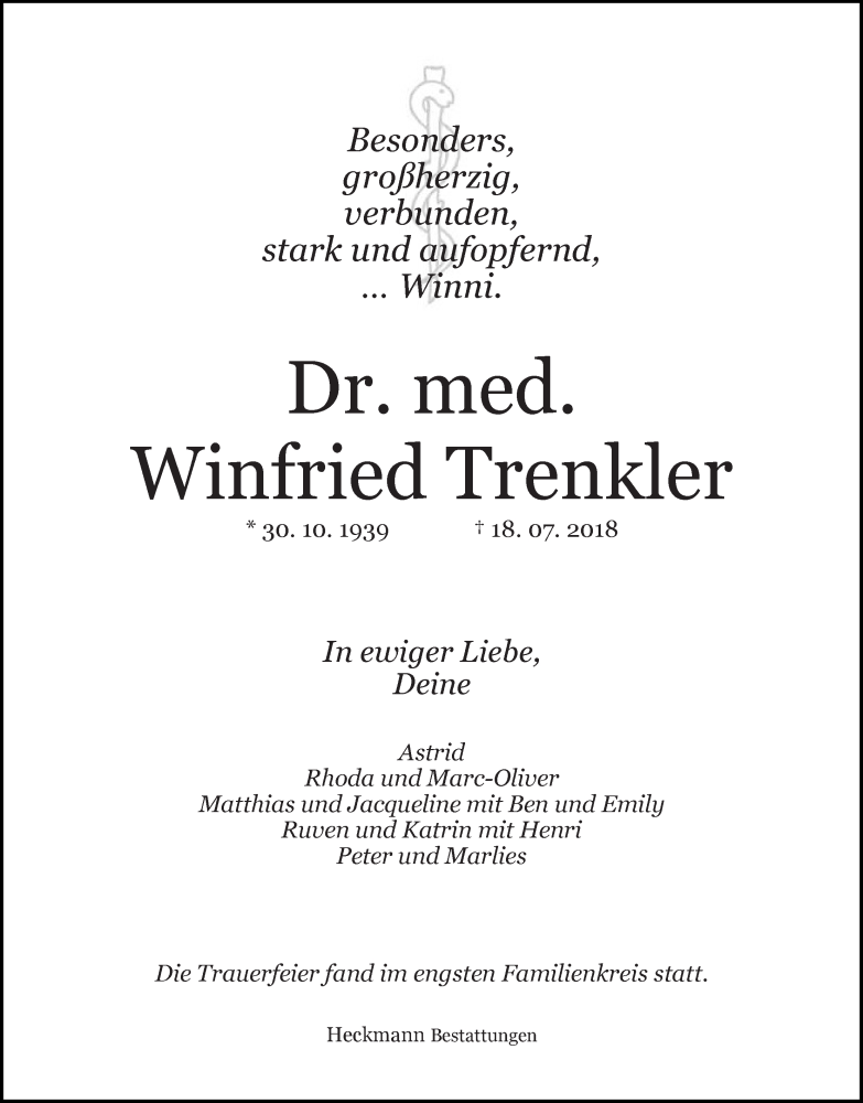 Traueranzeige von Winfried Trenkler von Die Norddeutsche