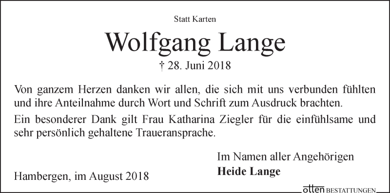 Traueranzeige von Wolfgang Lange von Osterholzer Kreisblatt