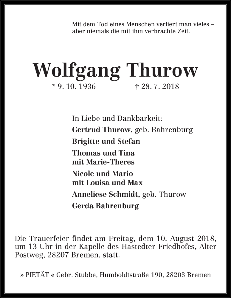 Traueranzeige von Wolfgang Thurow von WESER-KURIER