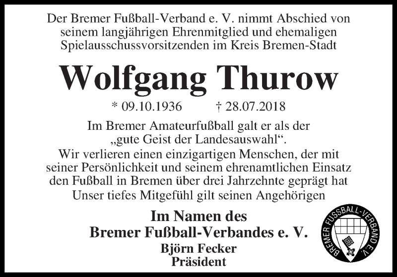 Traueranzeige von Wolfgang Thurow von WESER-KURIER