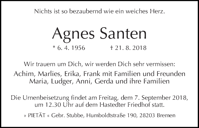 Traueranzeige von Agnes Santen von WESER-KURIER