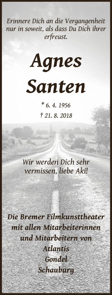 Traueranzeige von Agnes Santen von WESER-KURIER