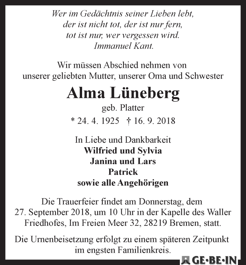 Traueranzeige von Alma Lüneberg von WESER-KURIER