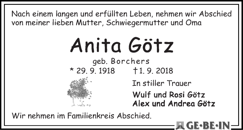 Traueranzeige von Anita Götz von WESER-KURIER