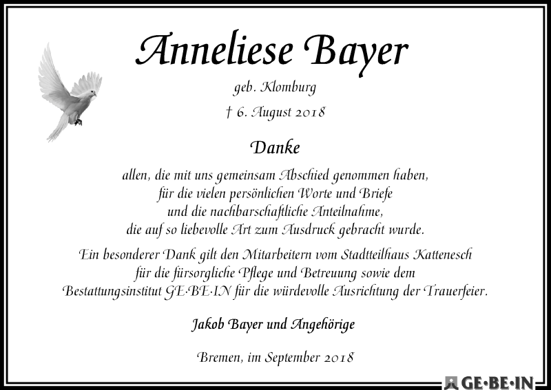 Traueranzeige von Anneliese Bayer von WESER-KURIER