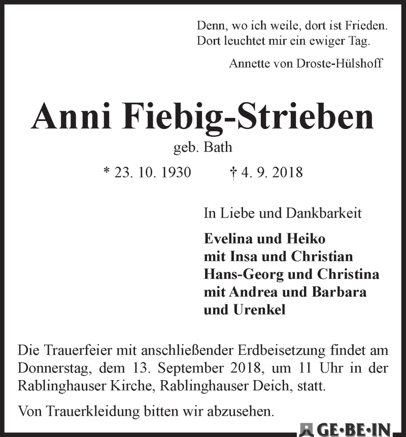 Traueranzeige von Anni Fiebig-Strieben von WESER-KURIER