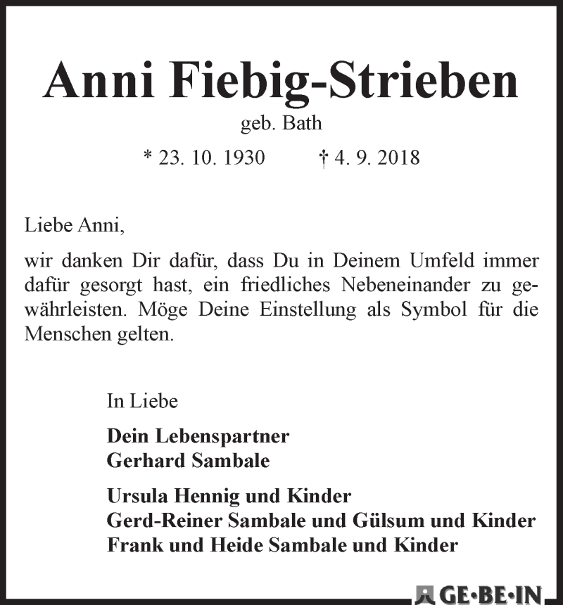Traueranzeige von Anni Fiebig-Strieben von WESER-KURIER