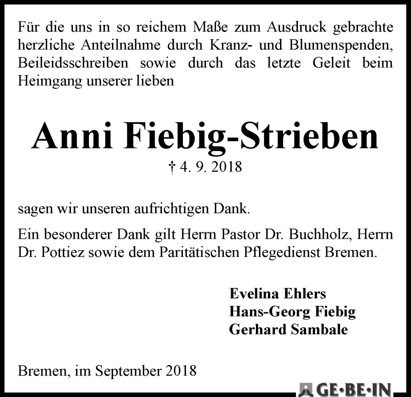 Traueranzeige von Anni Fiebig-Strieben von WESER-KURIER