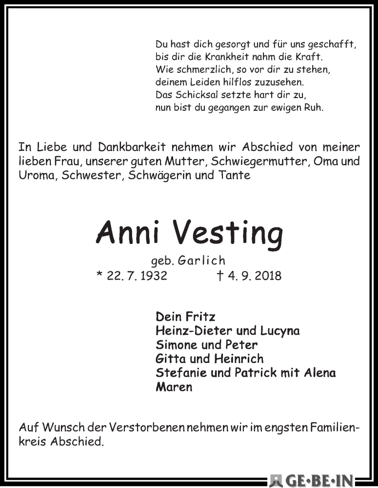 Traueranzeige von Anni Vesting von WESER-KURIER